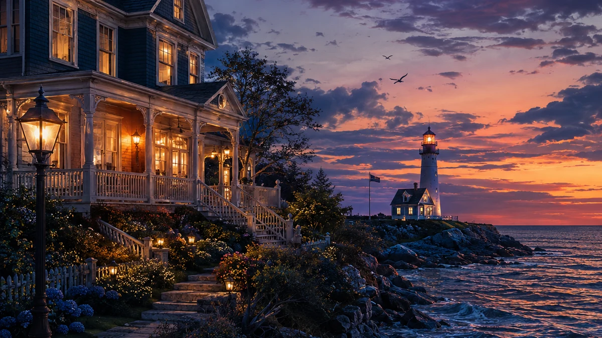 Rocky New England coast and historic town at dusk, evoking a small-town coastal cozy mystery setting