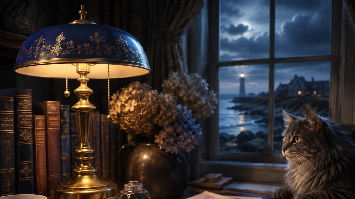 Lamplit desk with old papers, coastal photographs, keys, and a magnifying glass creating quiet mystery tension