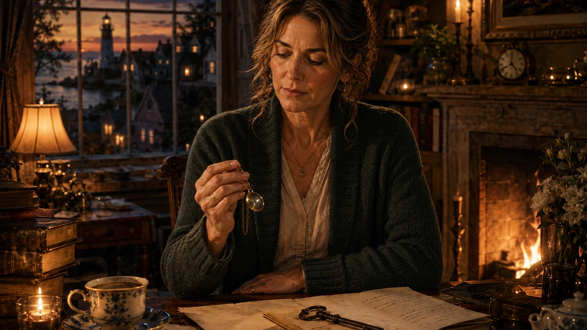 Midlife woman examining an antique pendant beside estate papers in a coastal New England room