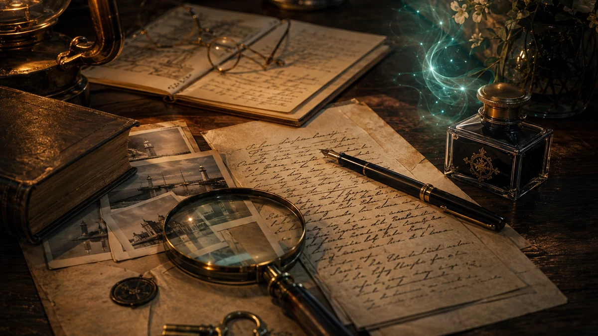 Estate papers, old photographs and a magnifying glass arranged as mystery evidence with a subtle unexplained light