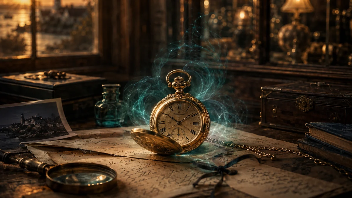 Antique objects, estate papers, keys and inventory notes arranged for a cozy mystery investigation