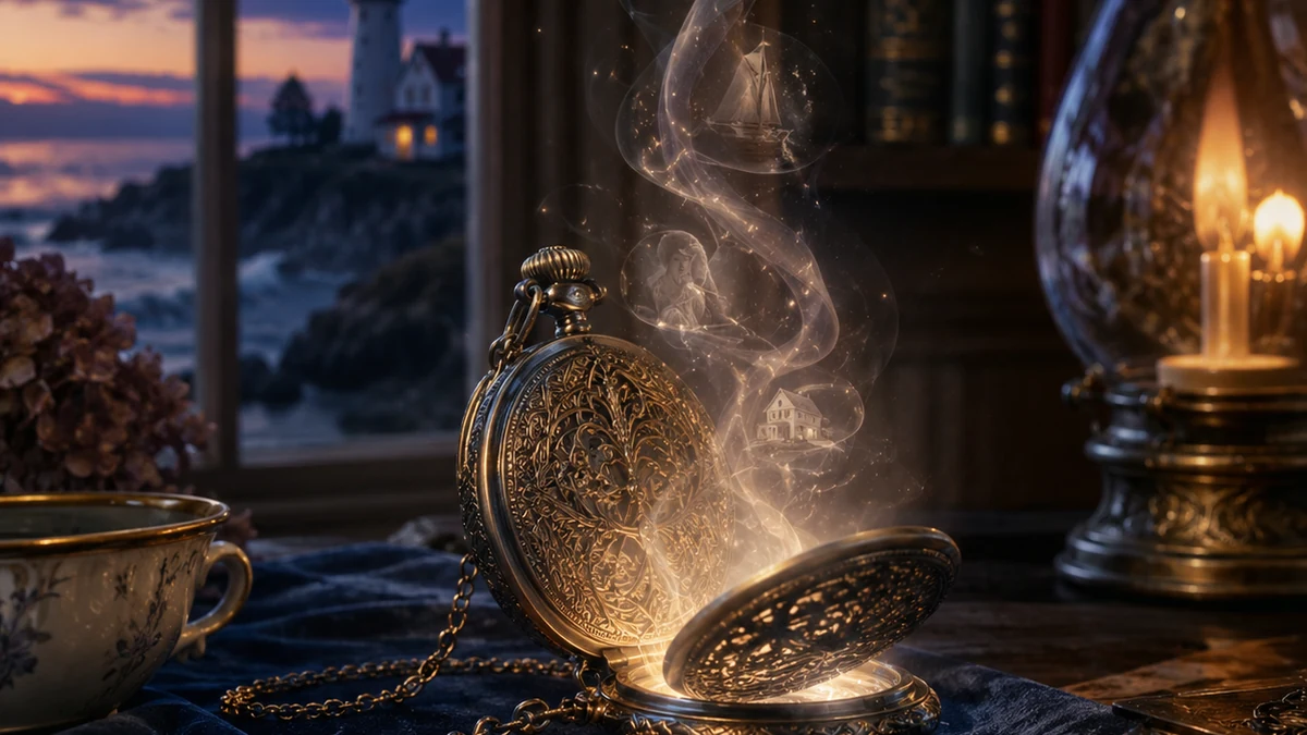 Antique locket, estate papers, and a magnifying glass suggesting object memory and psychometry in a mystery